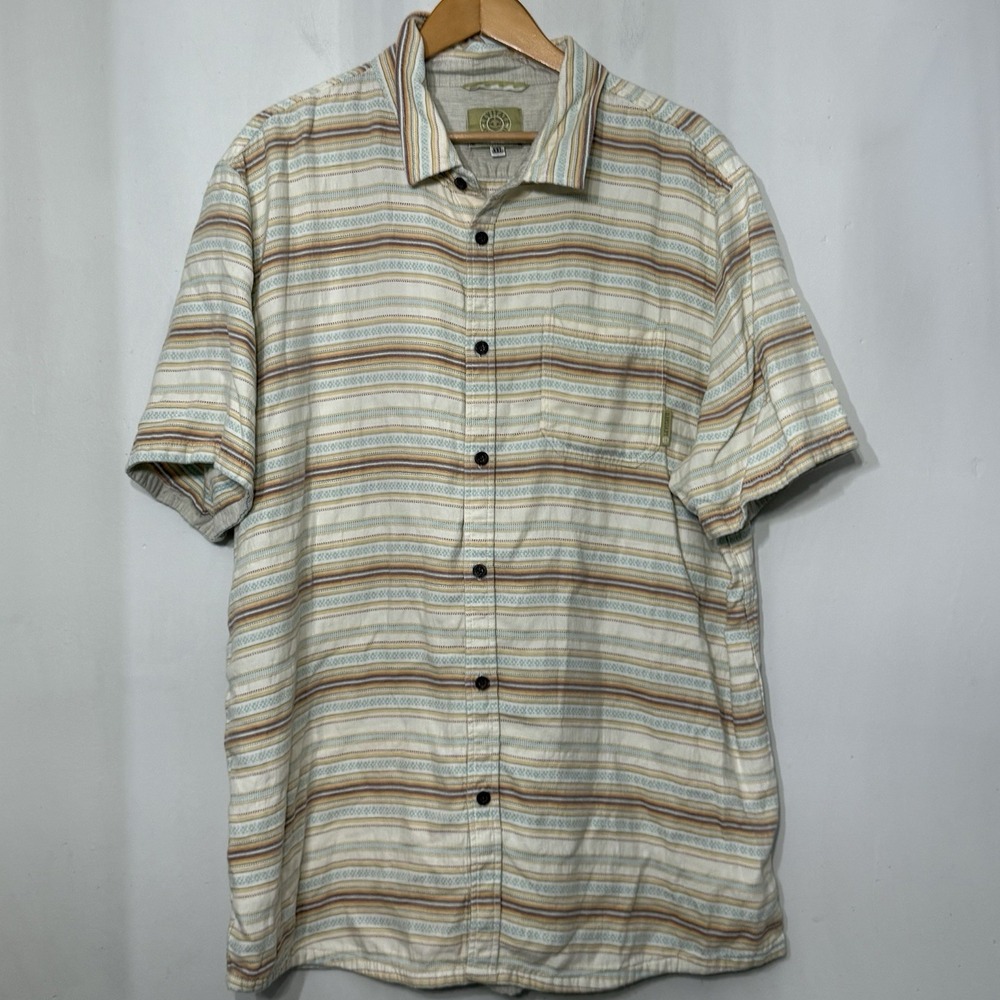 Levitate Mens XXL Organic Cotton Beige Aztec Striped Short Sleeve Button Shirt
